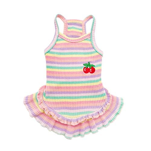 Rainbow Stripe Cherry Dog Dress for Small Dogs & Puppies