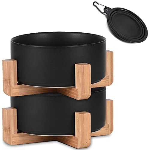 Black Ceramic Cat Bowl Set with Wooden Stand (13.5oz)
