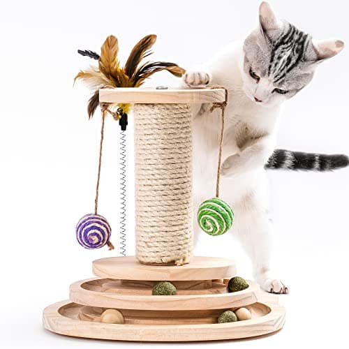 2-Layer Turntable Cat Toy with Scratching Post & Feather Wand