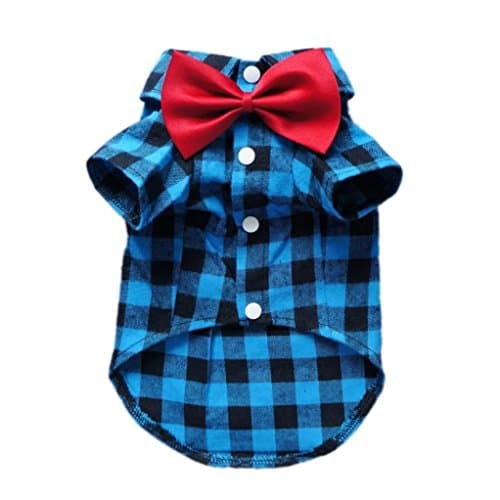 Plaid Cotton Dog Shirt with Bow Tie - Blue & Black Casual Wear